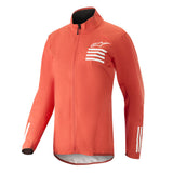 Alpinestars Women Stella Descender Jacket, Red Mountain Bike Jacket, featuring white graphic stripes and Astars logo on the chest and sleeves, lightweight 2.5-layer ripstop fabric, windproof and water-resistant, tailored women's fit.