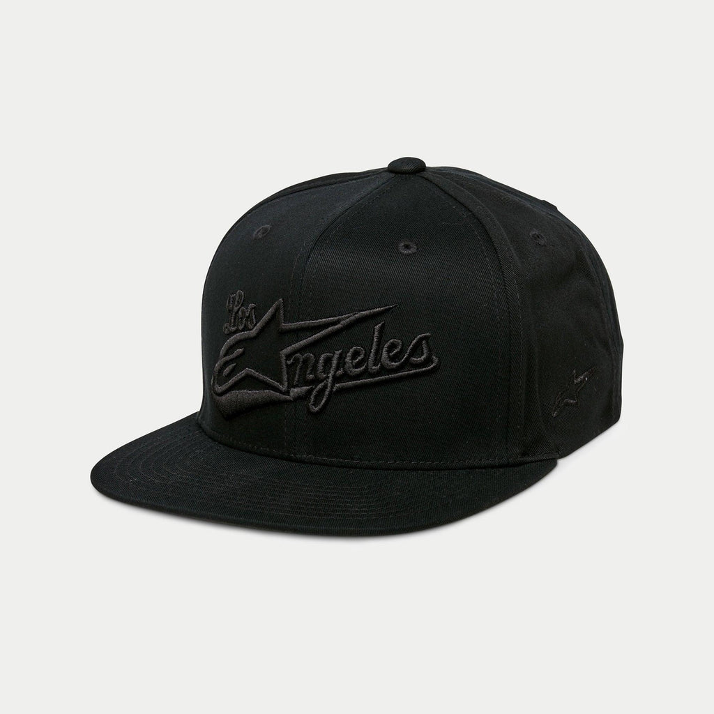Alpinestars Los Angeles Hat, Flat Bill Snapback Cap, Black, 3D Tonal Embroidery with Los Angeles Script and Ageless Logo, Structured Crown, Casual Sportswear