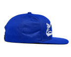 Alpinestars Los Angeles Hat, Blue snapback cap, side profile view, featuring a flat bill and structured crown, bright blue cotton twill with white 3D embroidery, casual sportswear.