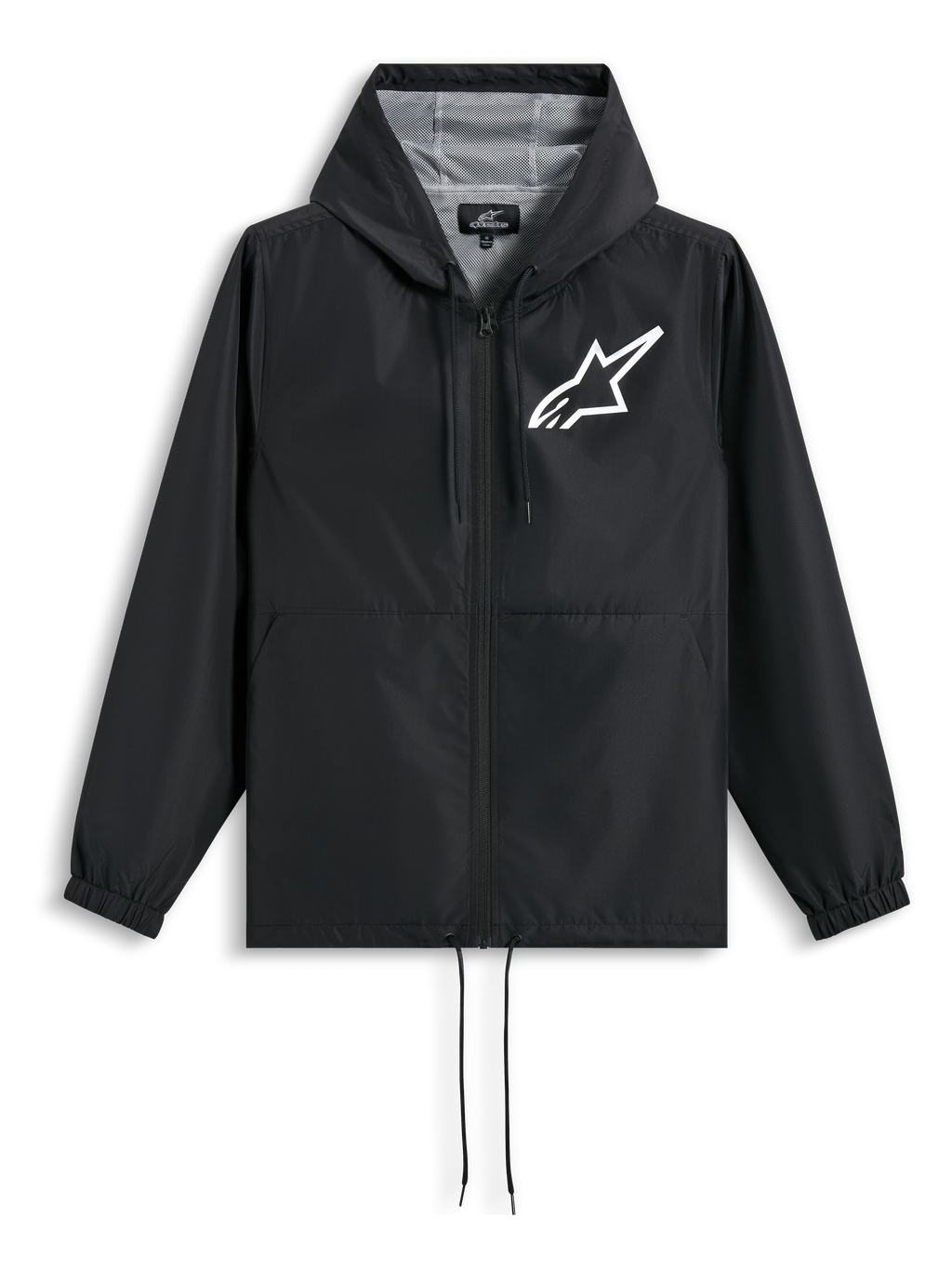 Alpinestars Speeder Chromium Windbreak Jacket, casaco corta-vento preto com capuz, forro em malha e logótipo branco no peito, sportswear