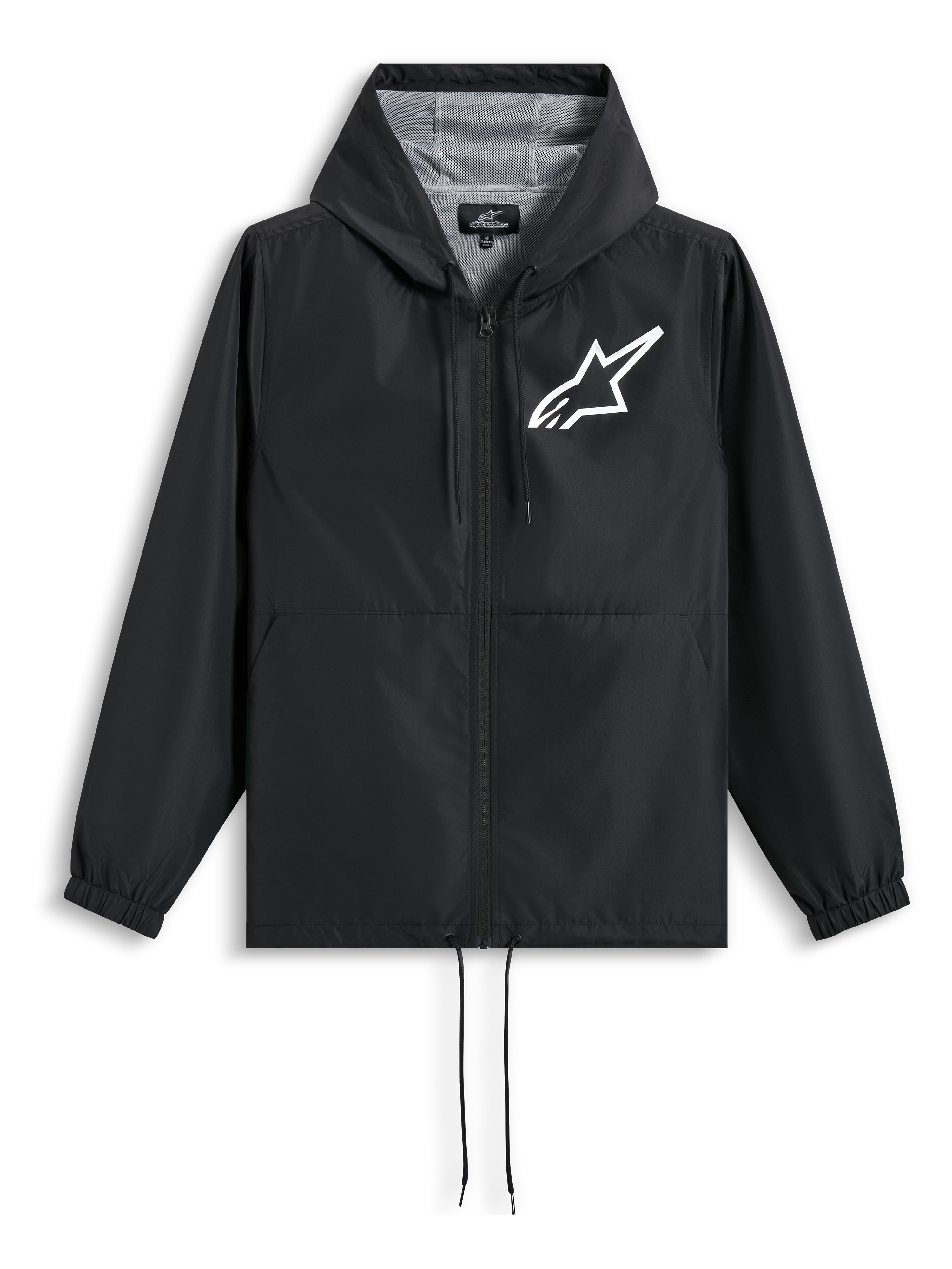 Alpinestars Speeder Chromium Windbreak Jacket, casaco corta-vento preto com capuz, forro em malha e logótipo branco no peito, sportswear