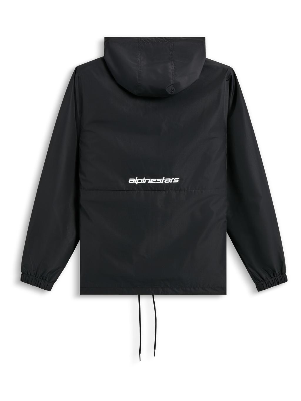 Alpinestars Speeder Chromium Windbreak Jacket, corta-vento preto, vista traseira com capuz, punhos elásticos, bainha com cordão e logótipo da marca branco nas costas, casual sportswear