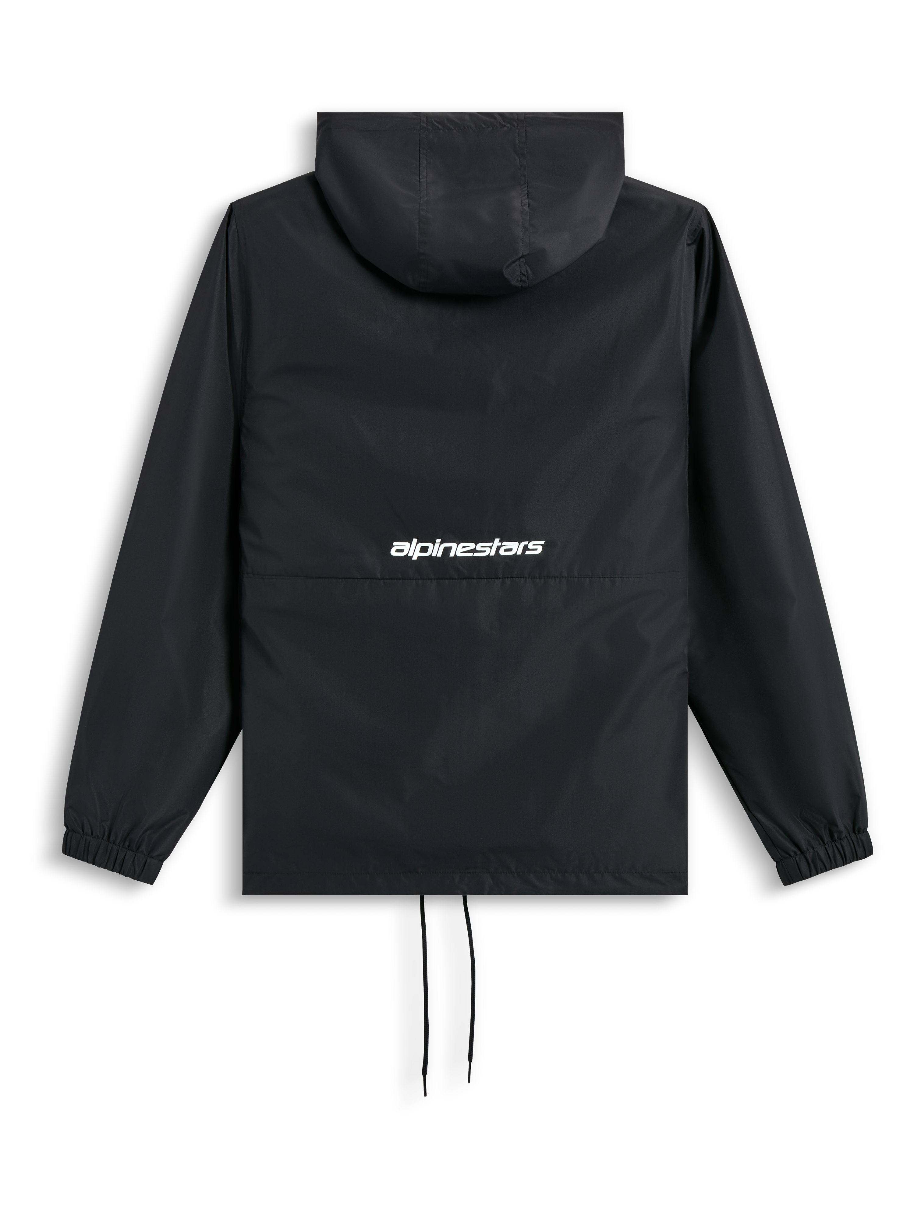 Alpinestars Speeder Chromium Windbreak Jacket, corta-vento preto, vista traseira com capuz, punhos elásticos, bainha com cordão e logótipo da marca branco nas costas, casual sportswear