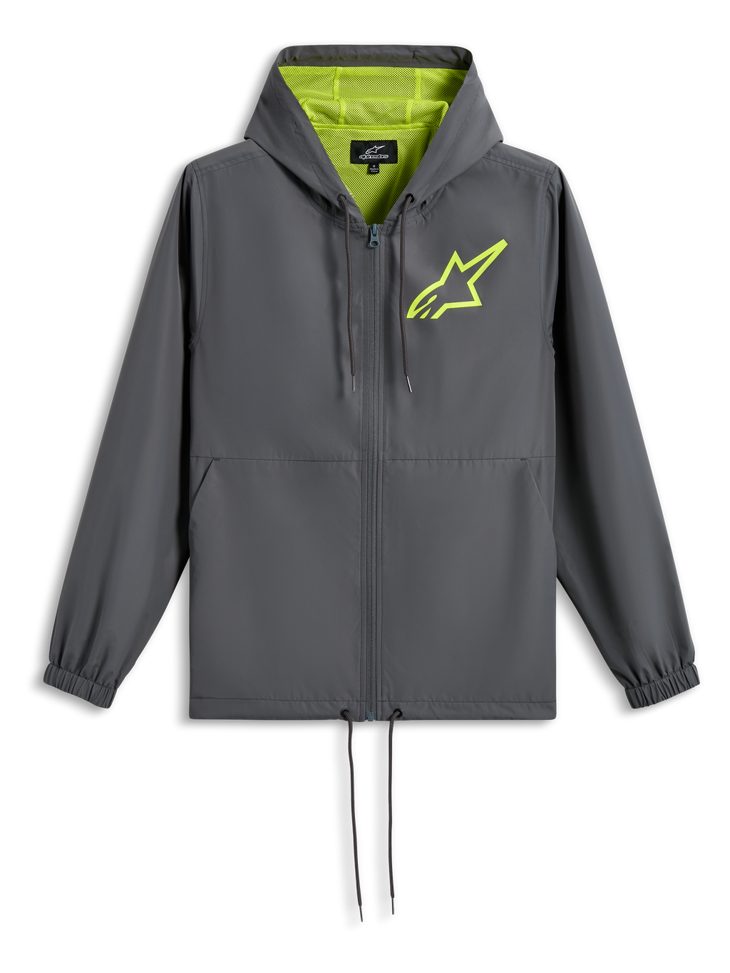Casaco Corta-vento Alpinestars Speeder Chromium, cinzento carvão com amarelo de alta visibilidade, logótipo de estrela verde lima no peito, capuz com forro em malha, fecho frontal completo com cordão na bainha, corta-vento casual inspirado no desporto motorizado