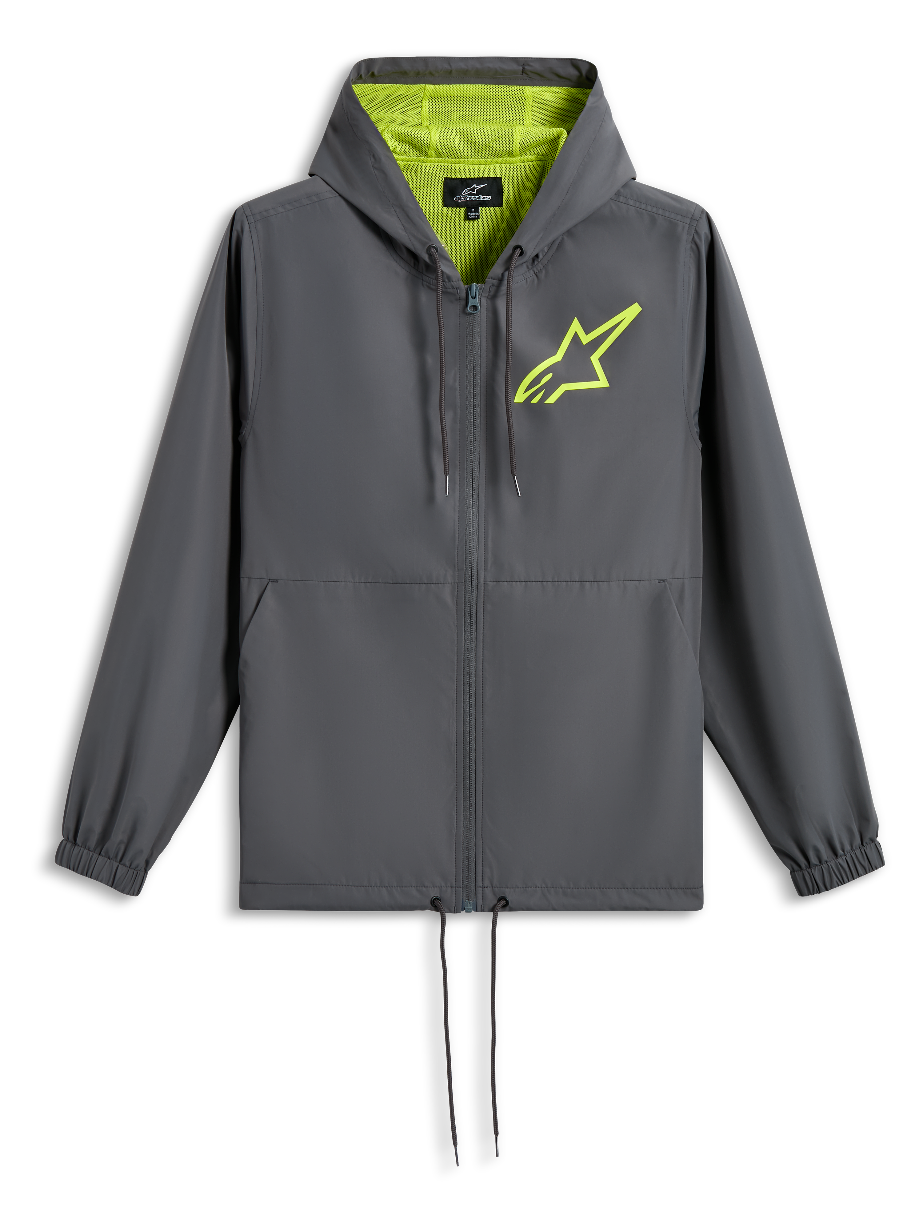 Casaco Corta-vento Alpinestars Speeder Chromium, cinzento carvão com amarelo de alta visibilidade, logótipo de estrela verde lima no peito, capuz com forro em malha, fecho frontal completo com cordão na bainha, corta-vento casual inspirado no desporto motorizado