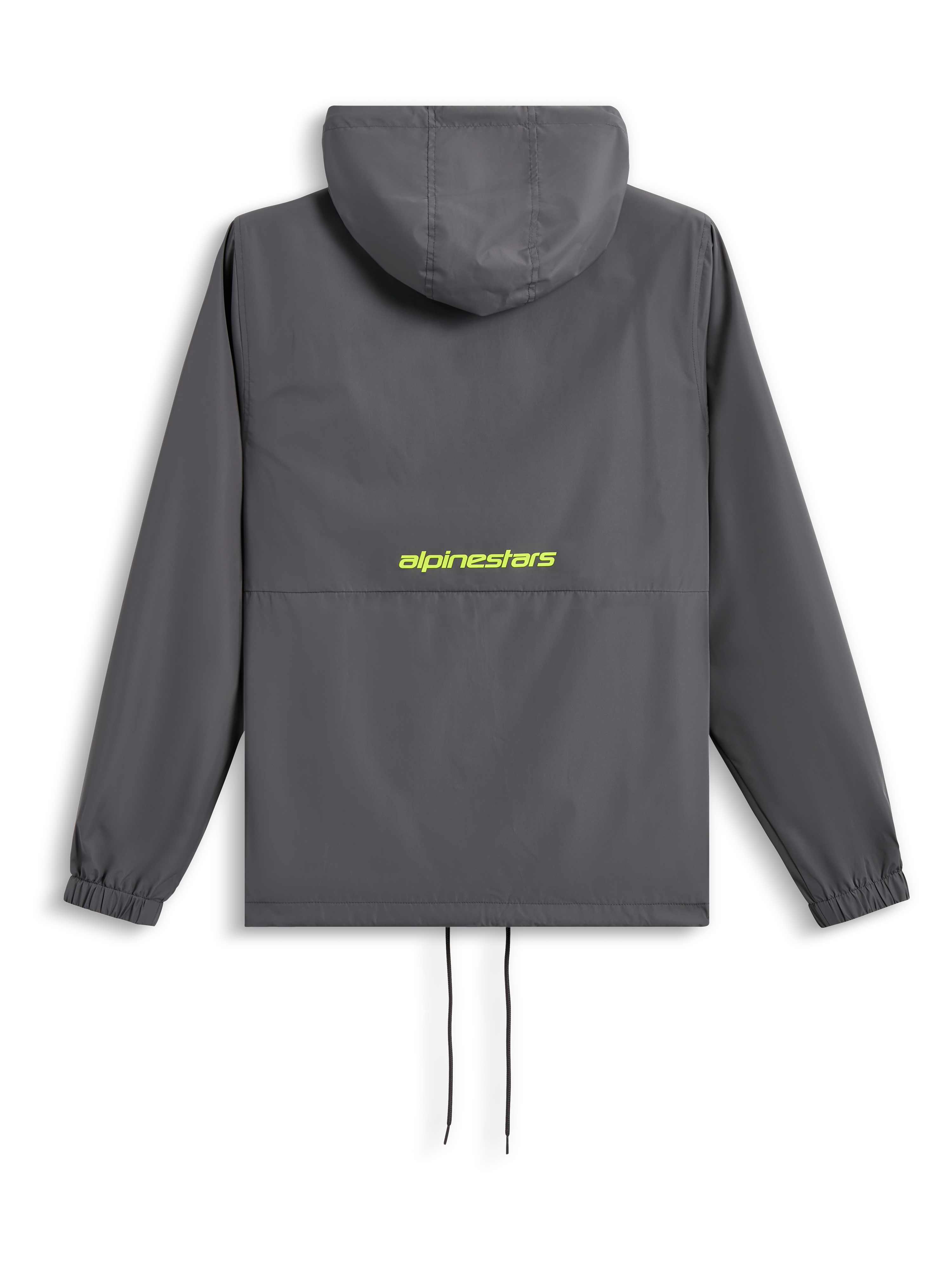 Casaco Corta-Vento Alpinestars Speeder Chromium, vista traseira, cinzento escuro com logótipo amarelo de alta visibilidade nas costas, corta-vento com capuz, punhos elásticos e bainha com cordão, streetwear casual inspirado no desporto motorizado