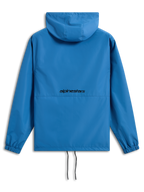 Casaco Corta-Vento Alpinestars Speeder Chromium, azul vibrante, vista traseira com logótipo Alpinestars a preto, corta-vento leve com capuz, punhos elásticos, bainha ajustável com cordões, vestuário casual inspirado no desporto motorizado