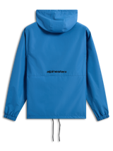 Alpinestars Speeder Chromium Windbreak Jacket, bright blue, back view featuring black Alpinestars word logo, hooded lightweight windbreaker, elastic cuffs, adjustable hem with drawcords, casual motorsport-inspired outerwear