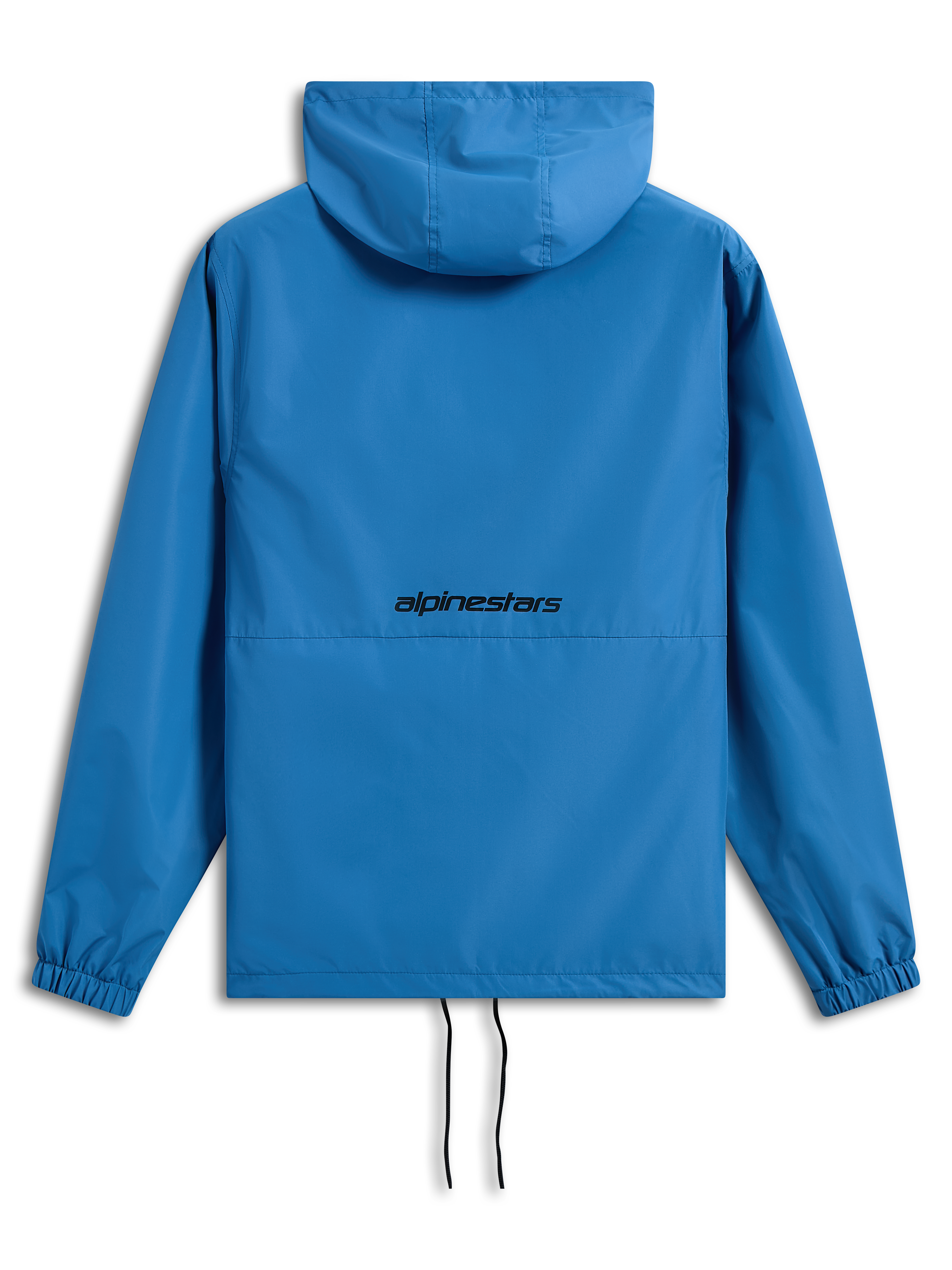Casaco Corta-Vento Alpinestars Speeder Chromium, azul vibrante, vista traseira com logótipo Alpinestars a preto, corta-vento leve com capuz, punhos elásticos, bainha ajustável com cordões, vestuário casual inspirado no desporto motorizado