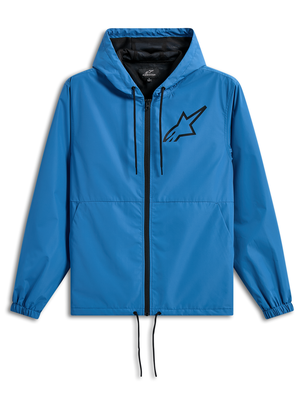 Alpinestars Speeder Chromium Windbreak Jacket, casaco corta-vento leve com capuz, azul com detalhes pretos, logótipo Astars preto no peito, forro em malha, fecho de correr frontal e cordões ajustáveis no capuz e na bainha