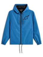 Alpinestars Speeder Chromium Windbreak Jacket, casaco corta-vento leve com capuz, azul com detalhes pretos, logótipo Astars preto no peito, forro em malha, fecho de correr frontal e cordões ajustáveis no capuz e na bainha