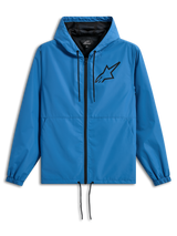 Alpinestars Speeder Chromium Windbreak Jacket, Lightweight Hooded Windbreaker, Blue with black accents, featuring a black Astars logo on the chest, mesh lining, front zipper, and adjustable drawcords at the hood and hem