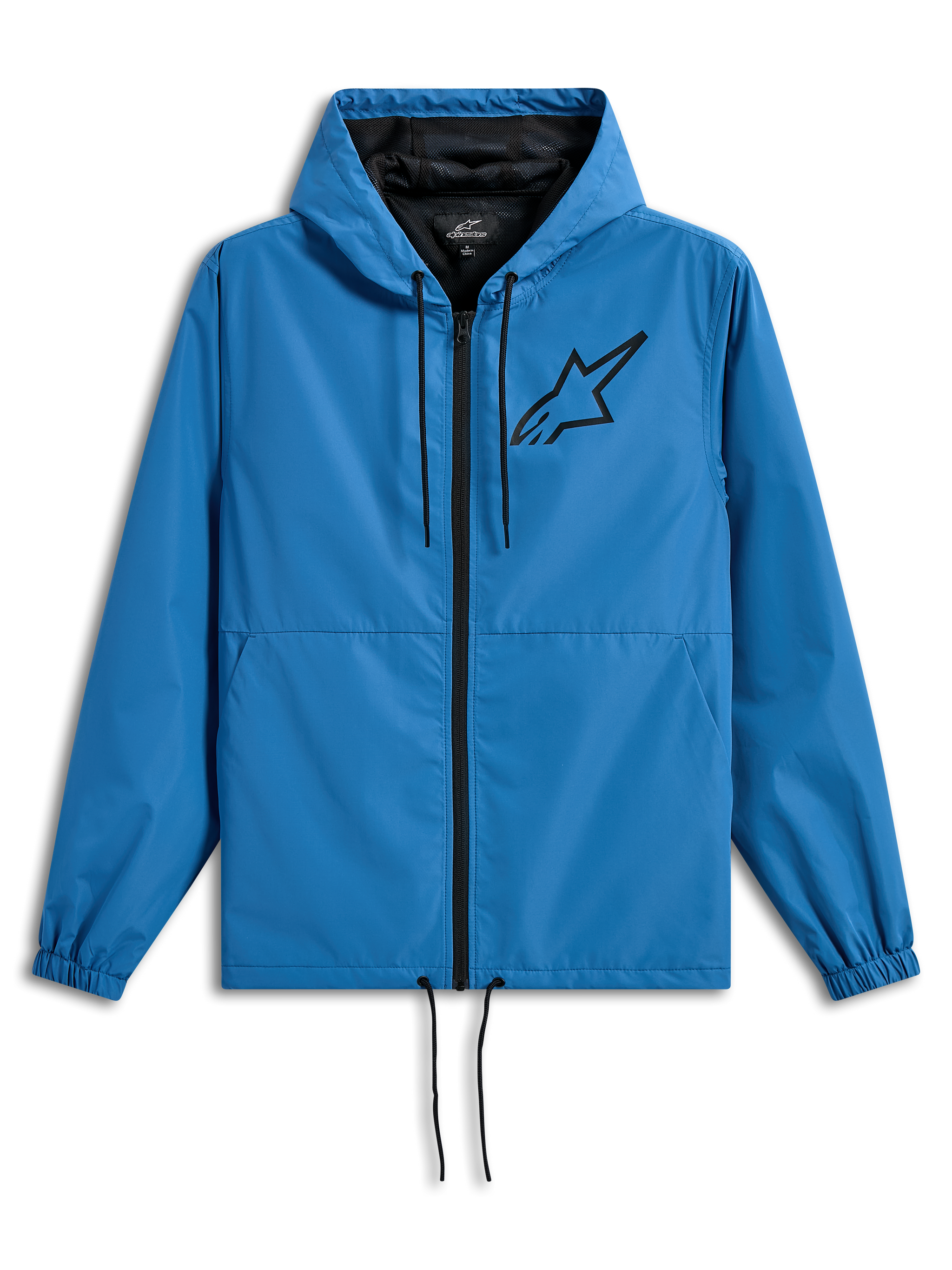 Alpinestars Speeder Chromium Windbreak Jacket, Lightweight Hooded Windbreaker, Blue with black accents, featuring a black Astars logo on the chest, mesh lining, front zipper, and adjustable drawcords at the hood and hem