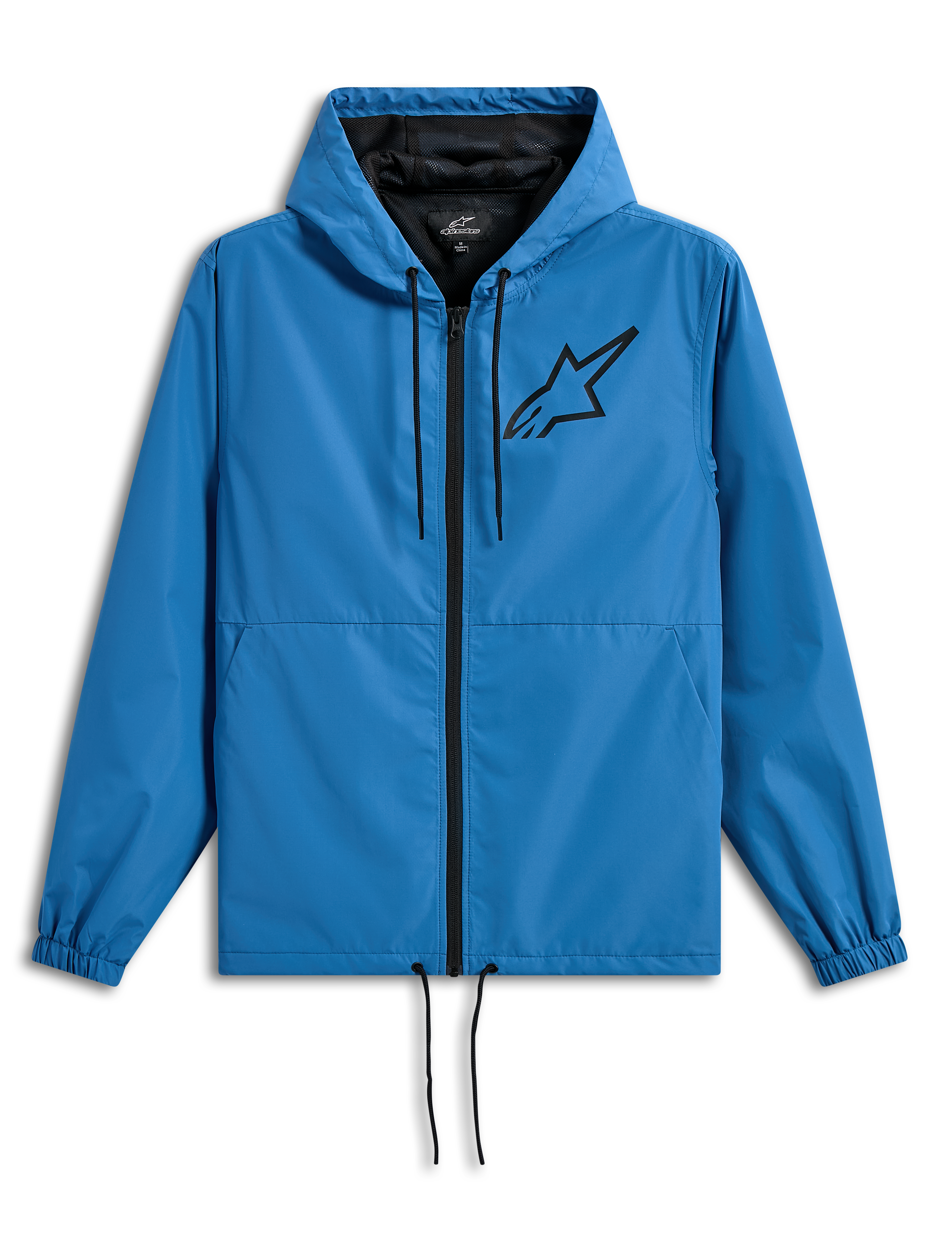 Alpinestars Speeder Chromium Windbreak Jacket, casaco corta-vento leve com capuz, azul com detalhes pretos, logótipo Astars preto no peito, forro em malha, fecho de correr frontal e cordões ajustáveis no capuz e na bainha