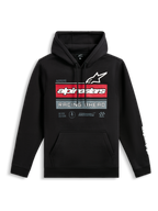 Alpinestars Hoodie Harken, hoodie preto sem fecho, grafismo frontal com o logótipo Alpinestars e o texto 'Racing Ahead', riscas horizontais vermelhas e cinzentas, bolso canguru, logótipo wordmark branco na manga, streetwear casual inspirado no desporto motorizado