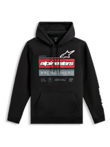 Alpinestars Hoodie Harken, hoodie preto sem fecho, grafismo frontal com o logótipo Alpinestars e o texto 'Racing Ahead', riscas horizontais vermelhas e cinzentas, bolso canguru, logótipo wordmark branco na manga, streetwear casual inspirado no desporto motorizado