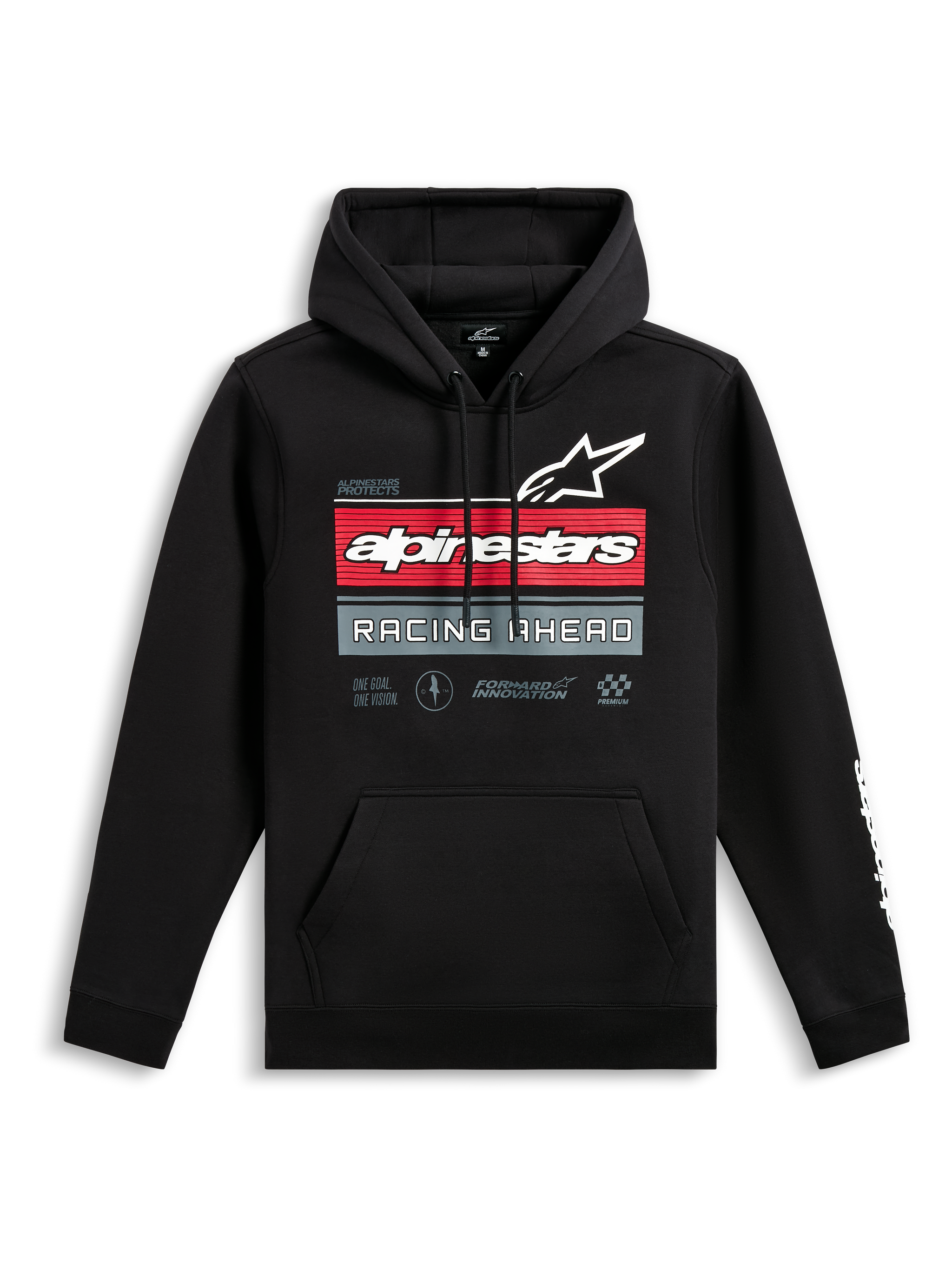 Alpinestars Hoodie Harken, hoodie preto sem fecho, grafismo frontal com o logótipo Alpinestars e o texto 'Racing Ahead', riscas horizontais vermelhas e cinzentas, bolso canguru, logótipo wordmark branco na manga, streetwear casual inspirado no desporto motorizado