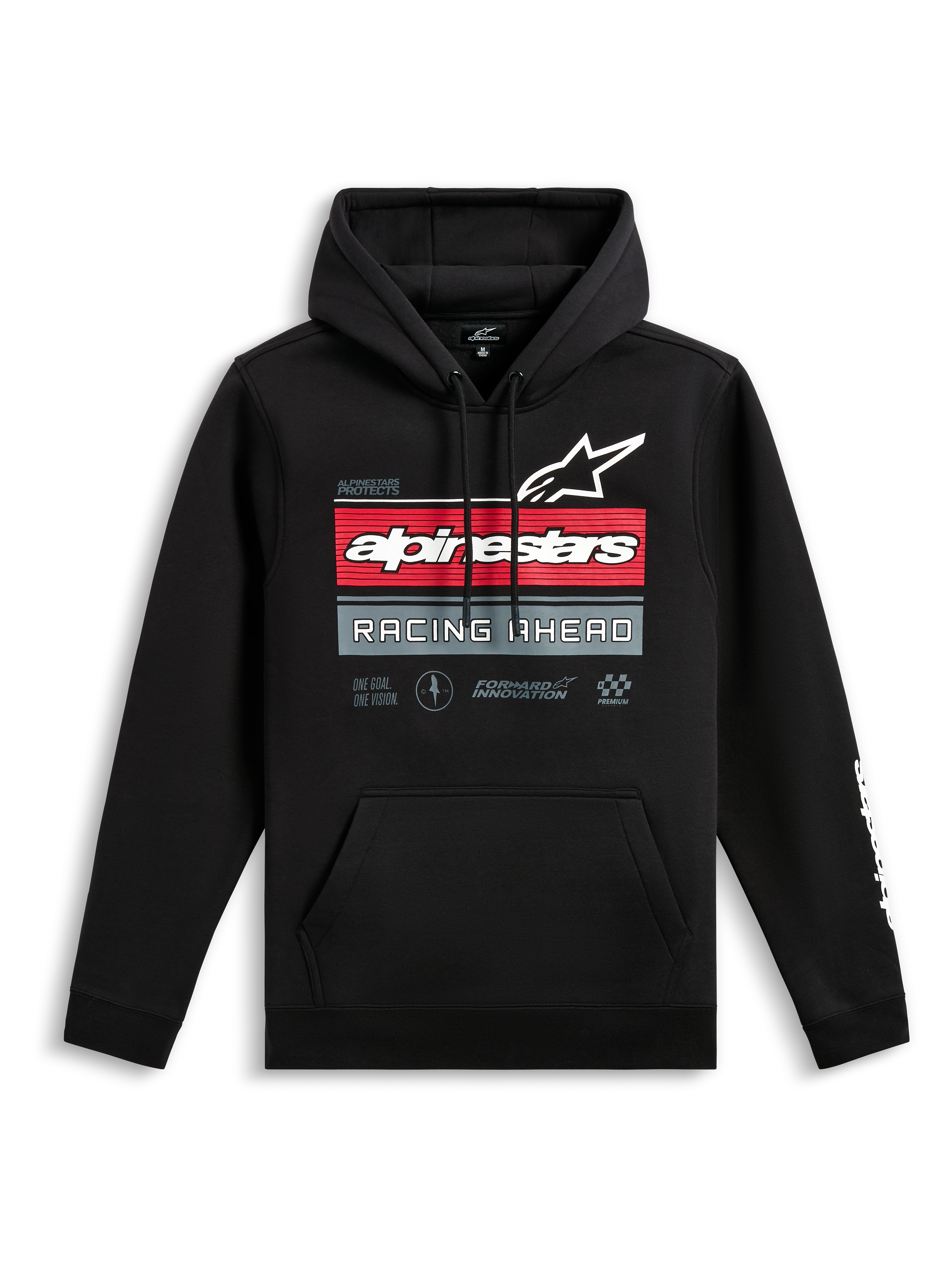 Alpinestars Hoodie Harken, hoodie preto sem fecho, grafismo frontal com o logótipo Alpinestars e o texto 'Racing Ahead', riscas horizontais vermelhas e cinzentas, bolso canguru, logótipo wordmark branco na manga, streetwear casual inspirado no desporto motorizado