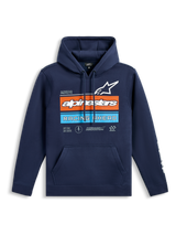 Hoodie Alpinestars Harken, hoodie azul marinho, gráfico frontal no peito com riscas cor de laranja e azul claro, logótipo Alpinestars branco e texto 'Racing Ahead', bolso canguru, mangas compridas com logótipos da marca, design casual inspirado no desporto motorizado