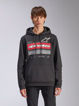 Hoodie Alpinestars Harken, hoodie de lã preto com capuz, com gráfico em gradiente vermelho e cinzento, logótipo Alpinestars e texto 'Racing Ahead', bolso canguru, capuz com cordão e marca na manga, design casual inspirado no desporto motorizado
