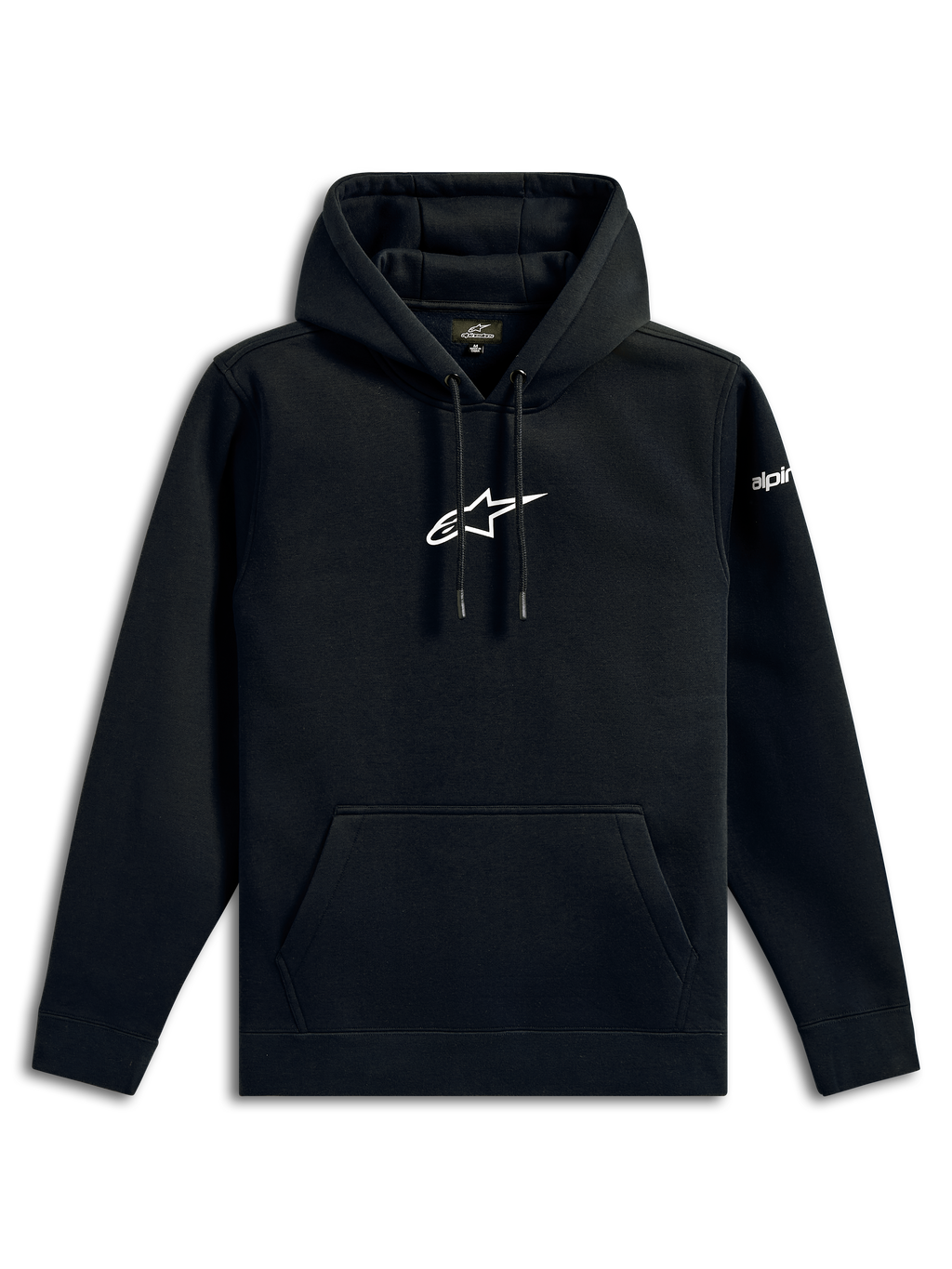 Hoodie Frontal Alpinestars, streetwear casual, preto com logótipo de estrela Alpinestars branco no peito, bolso canguru, capuz com cordão, mangas compridas, design inspirado no desporto motorizado