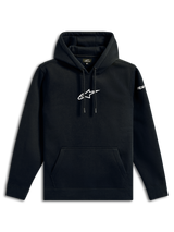 Alpinestars Frontal Hoodie, casual streetwear, black with white Alpinestars star logo on chest, kangaroo pocket, drawstring hood, long sleeves, motorsport-inspired design