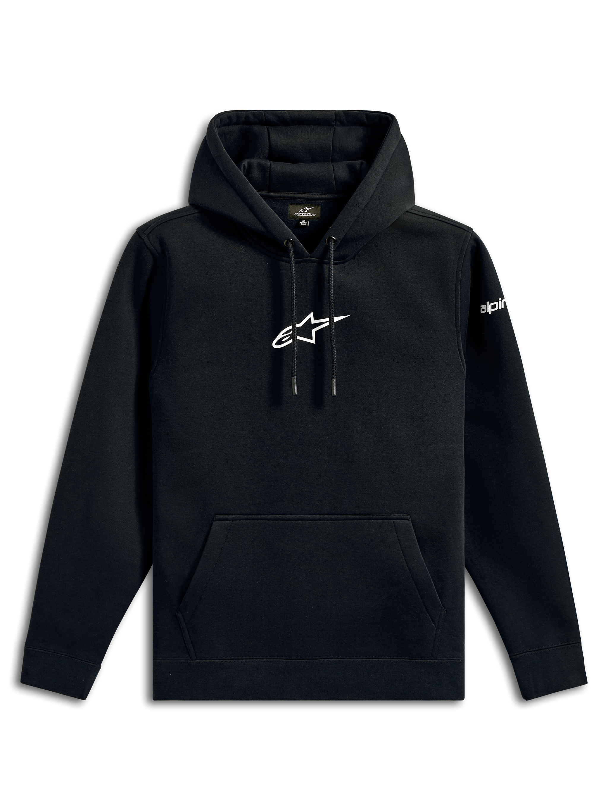Alpinestars Frontal Hoodie, casual streetwear, black with white Alpinestars star logo on chest, kangaroo pocket, drawstring hood, long sleeves, motorsport-inspired design