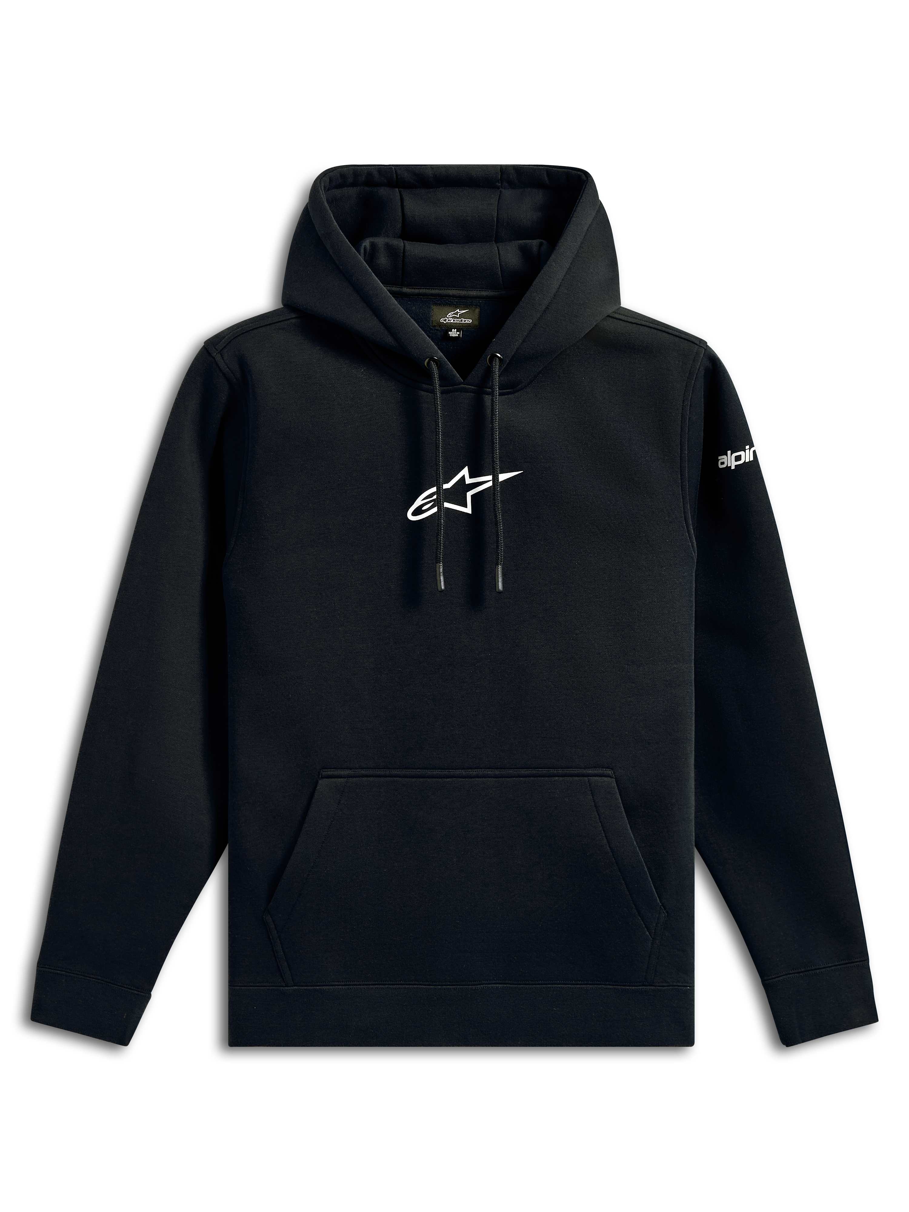 Hoodie Frontal Alpinestars, streetwear casual, preto com logótipo de estrela Alpinestars branco no peito, bolso canguru, capuz com cordão, mangas compridas, design inspirado no desporto motorizado