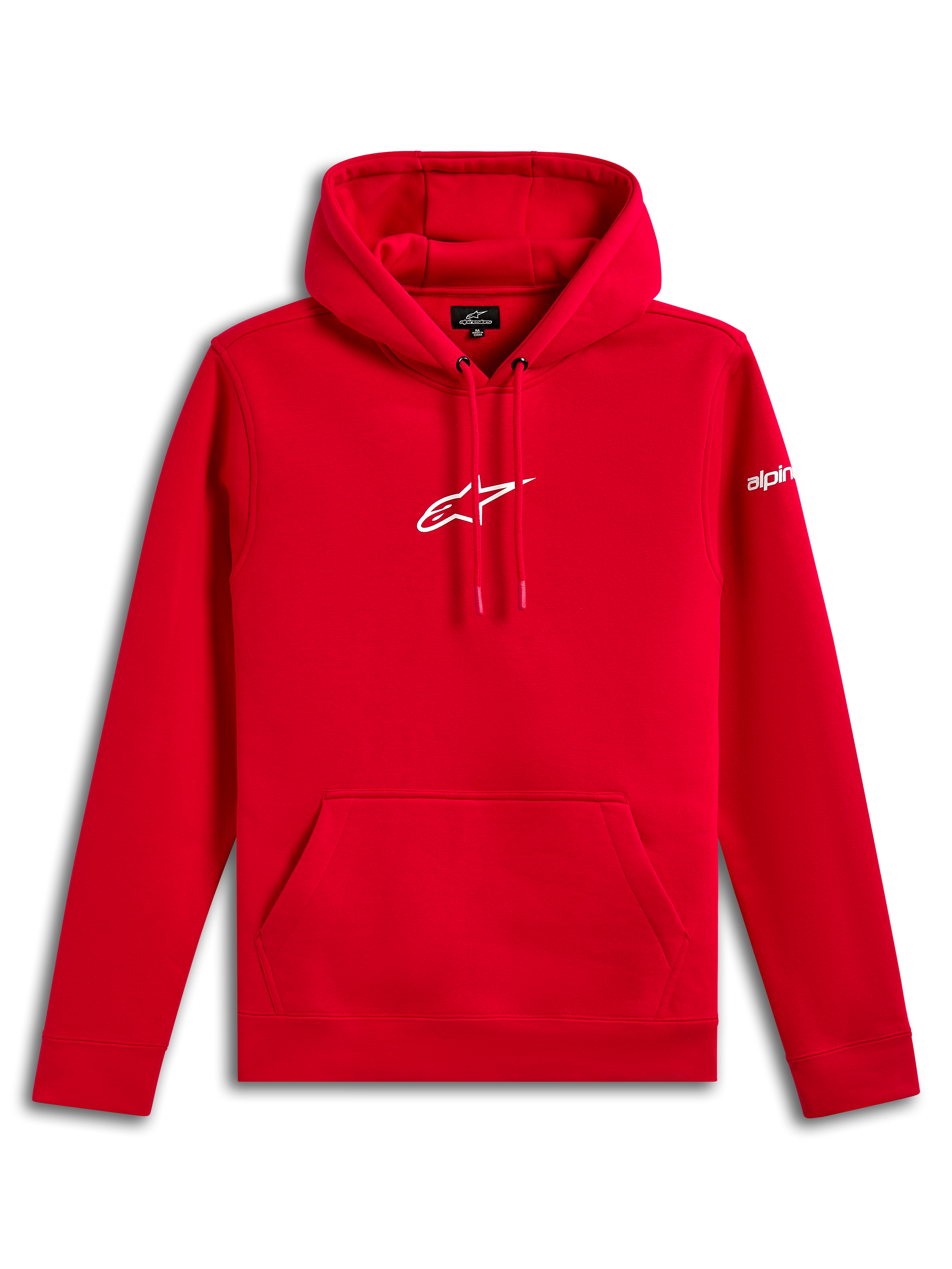 Alpinestars Frontal Hoodie, hoodie de lã, vermelho, logótipo Astar da Alpinestars branco no peito e logótipo na manga, bolso canguru frontal, streetwear casual inspirado no desporto motorizado