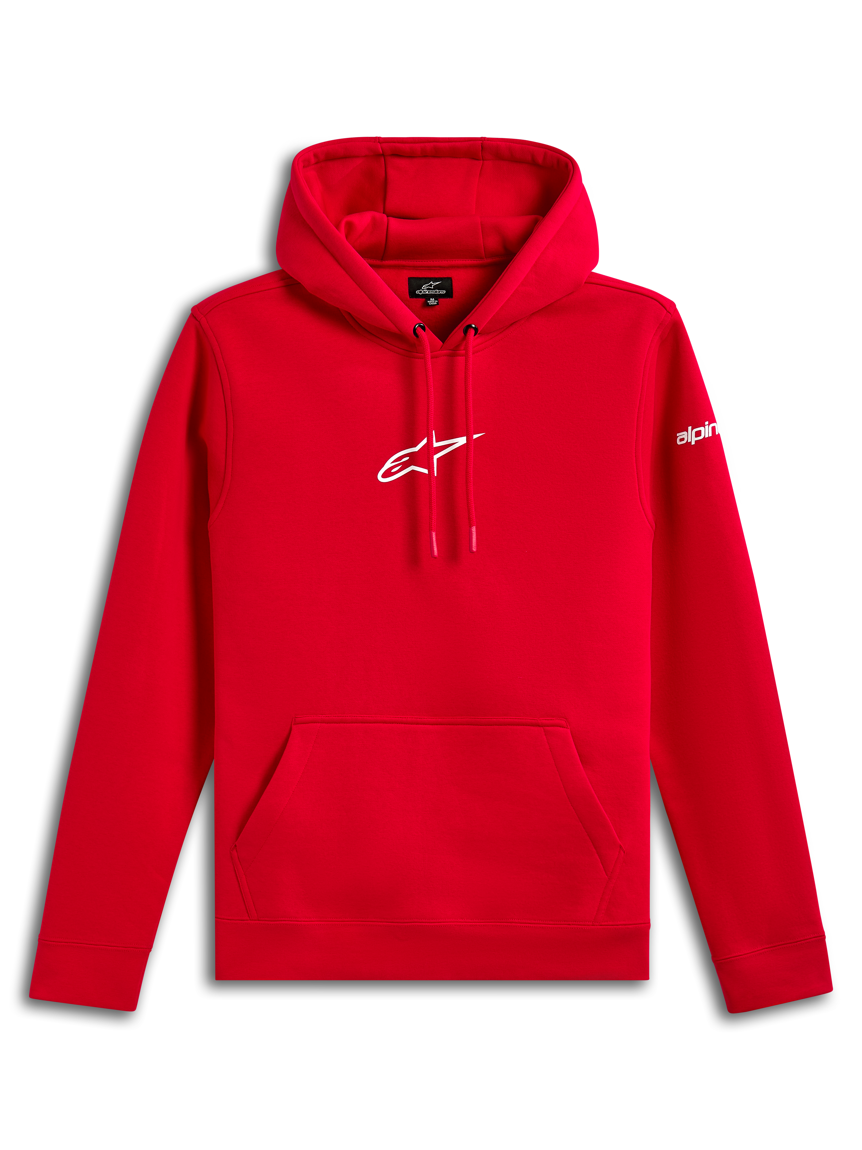 Alpinestars Frontal Hoodie, hoodie de lã, vermelho, logótipo Astar da Alpinestars branco no peito e logótipo na manga, bolso canguru frontal, streetwear casual inspirado no desporto motorizado