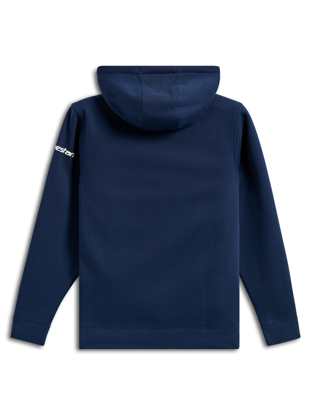 Alpinestars Frontal Hoodie, pullover casual de lã polar azul marinho, vista traseira, logótipo Alpinestars branco na manga, punhos e bainha canelados, streetwear inspirado no desporto motorizado