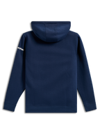 Alpinestars Frontal Hoodie, pullover casual de lã polar azul marinho, vista traseira, logótipo Alpinestars branco na manga, punhos e bainha canelados, streetwear inspirado no desporto motorizado