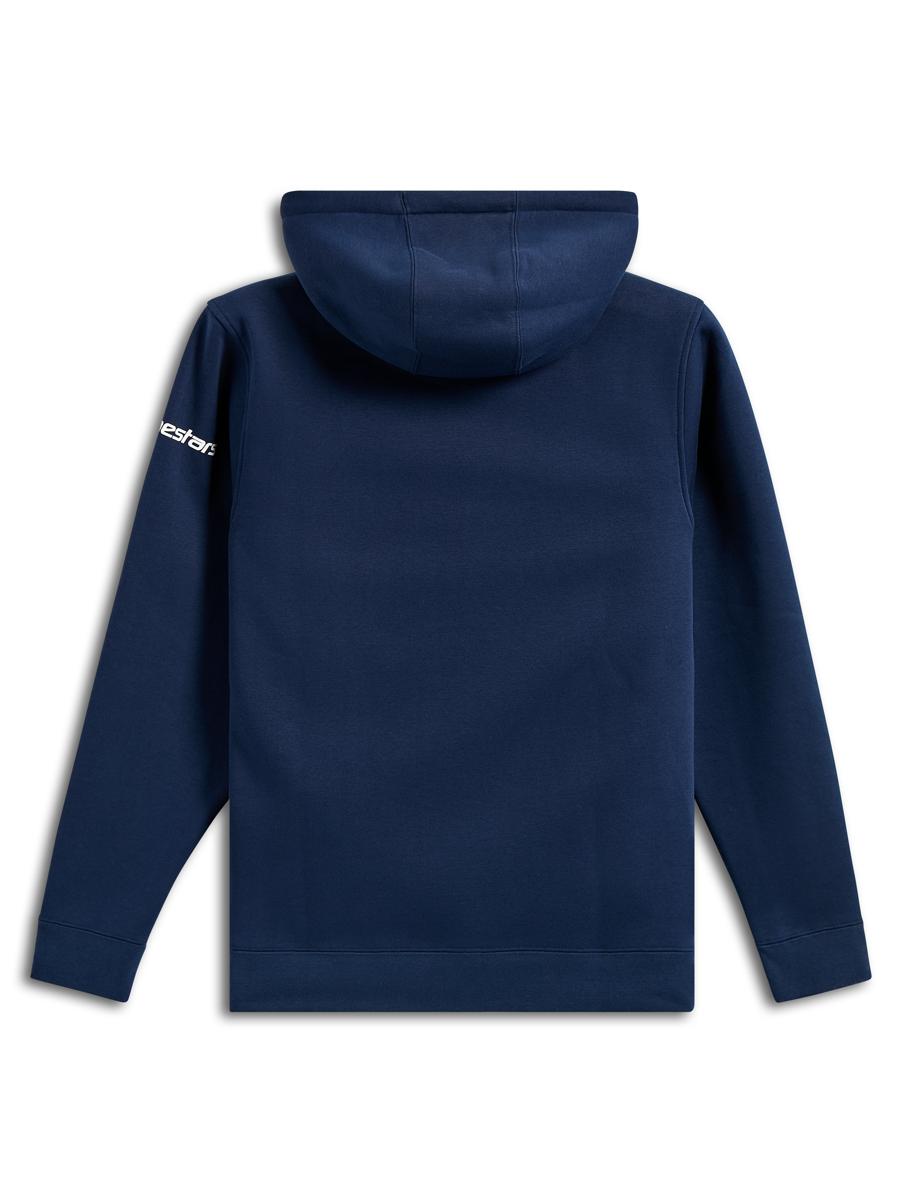 Alpinestars Frontal Hoodie, pullover casual de lã polar azul marinho, vista traseira, logótipo Alpinestars branco na manga, punhos e bainha canelados, streetwear inspirado no desporto motorizado
