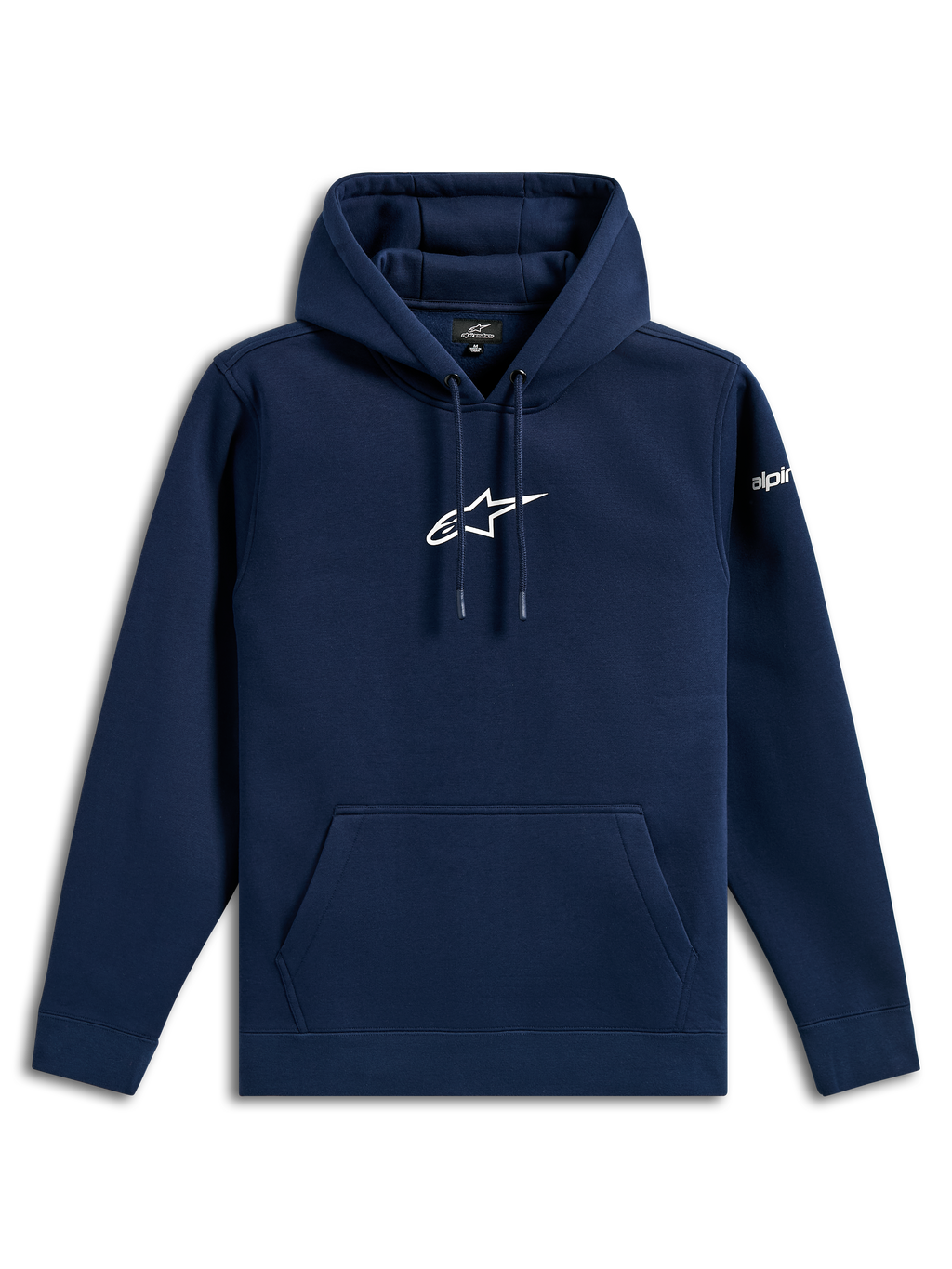 Alpinestars Frontal Hoodie, streetwear casual, azul-marinho com logótipo Astars branco no peito e logótipo da marca na manga, capuz com cordão, bolso canguru, design moderno inspirado no desporto motorizado