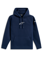 Alpinestars Frontal Hoodie, streetwear casual, azul-marinho com logótipo Astars branco no peito e logótipo da marca na manga, capuz com cordão, bolso canguru, design moderno inspirado no desporto motorizado
