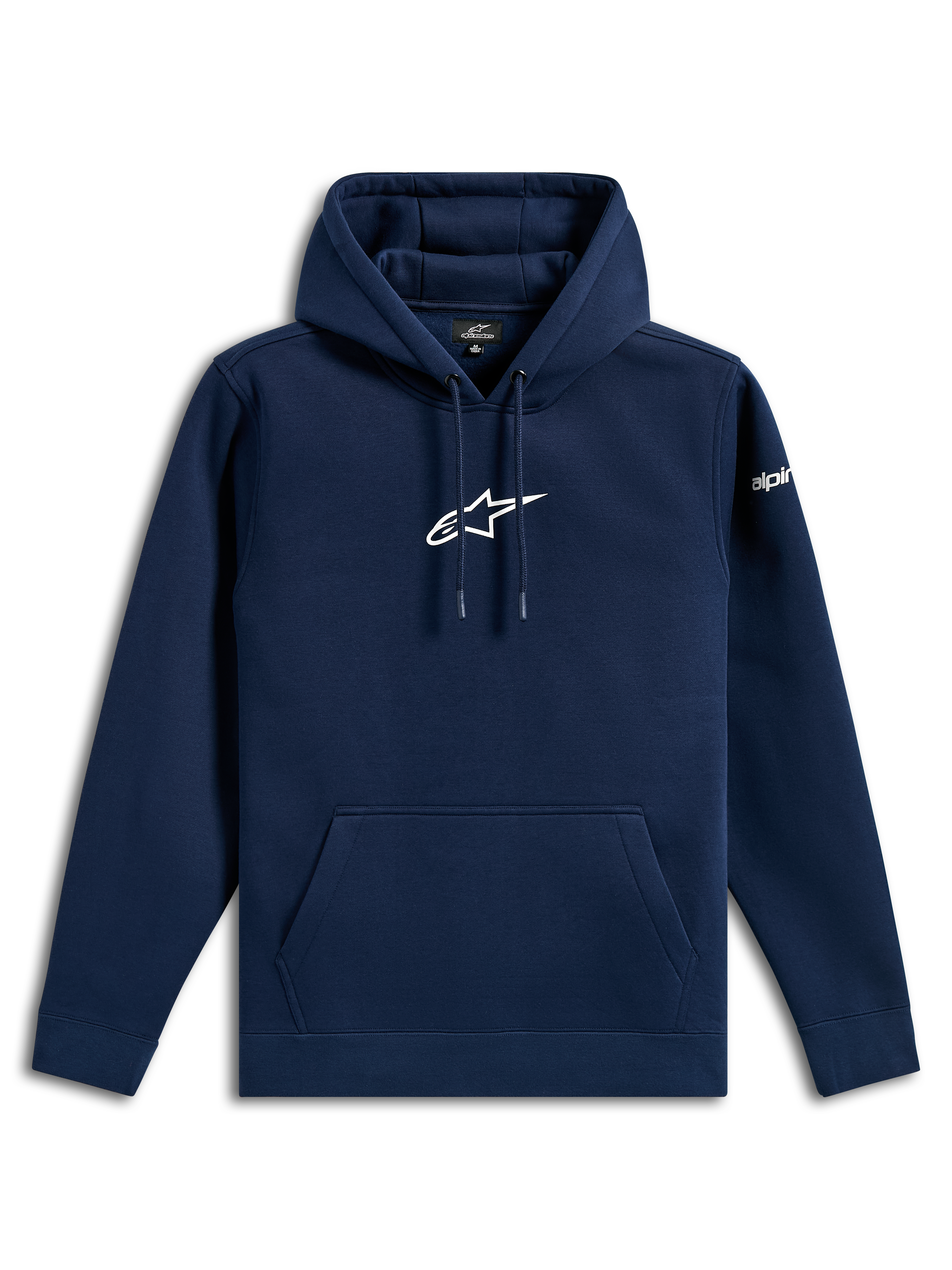 Alpinestars Frontal Hoodie, streetwear casual, azul-marinho com logótipo Astars branco no peito e logótipo da marca na manga, capuz com cordão, bolso canguru, design moderno inspirado no desporto motorizado