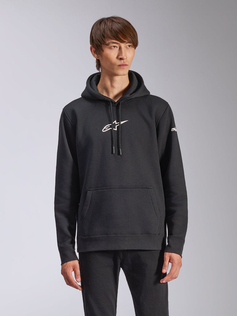 Alpinestars Frontal Hoodie, hoodie preto, logótipo Alpinestars branco no peito, marca nominativa branca na manga, bolso canguru, streetwear casual de desporto motorizado