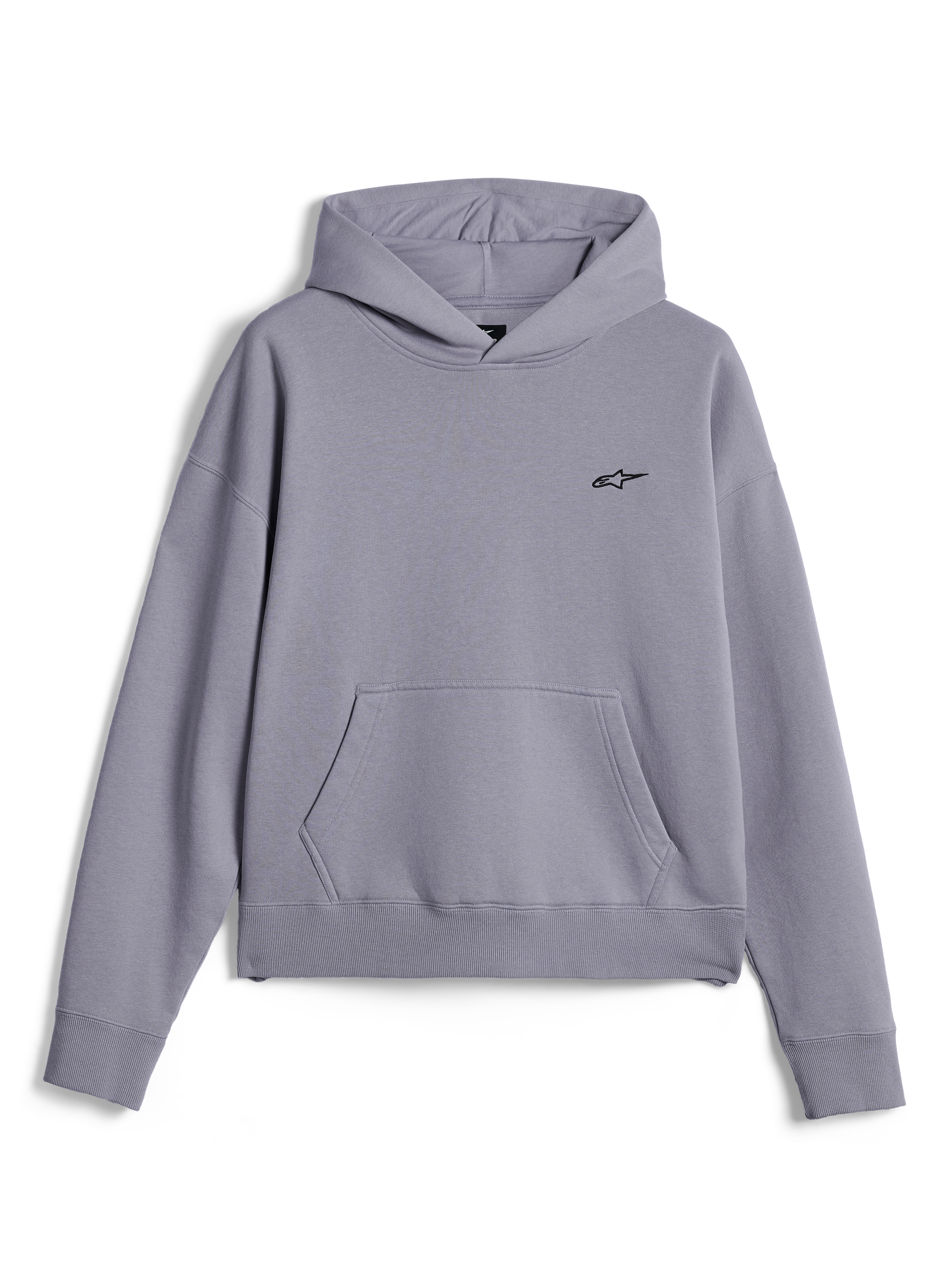 Alpinestars Essentials Ageless Hoodie, streetwear casual, fleece prateado com efeito de lavagem com pedra, pequeno logótipo Astars preto no peito, bolso canguru frontal, design pullover com capuz