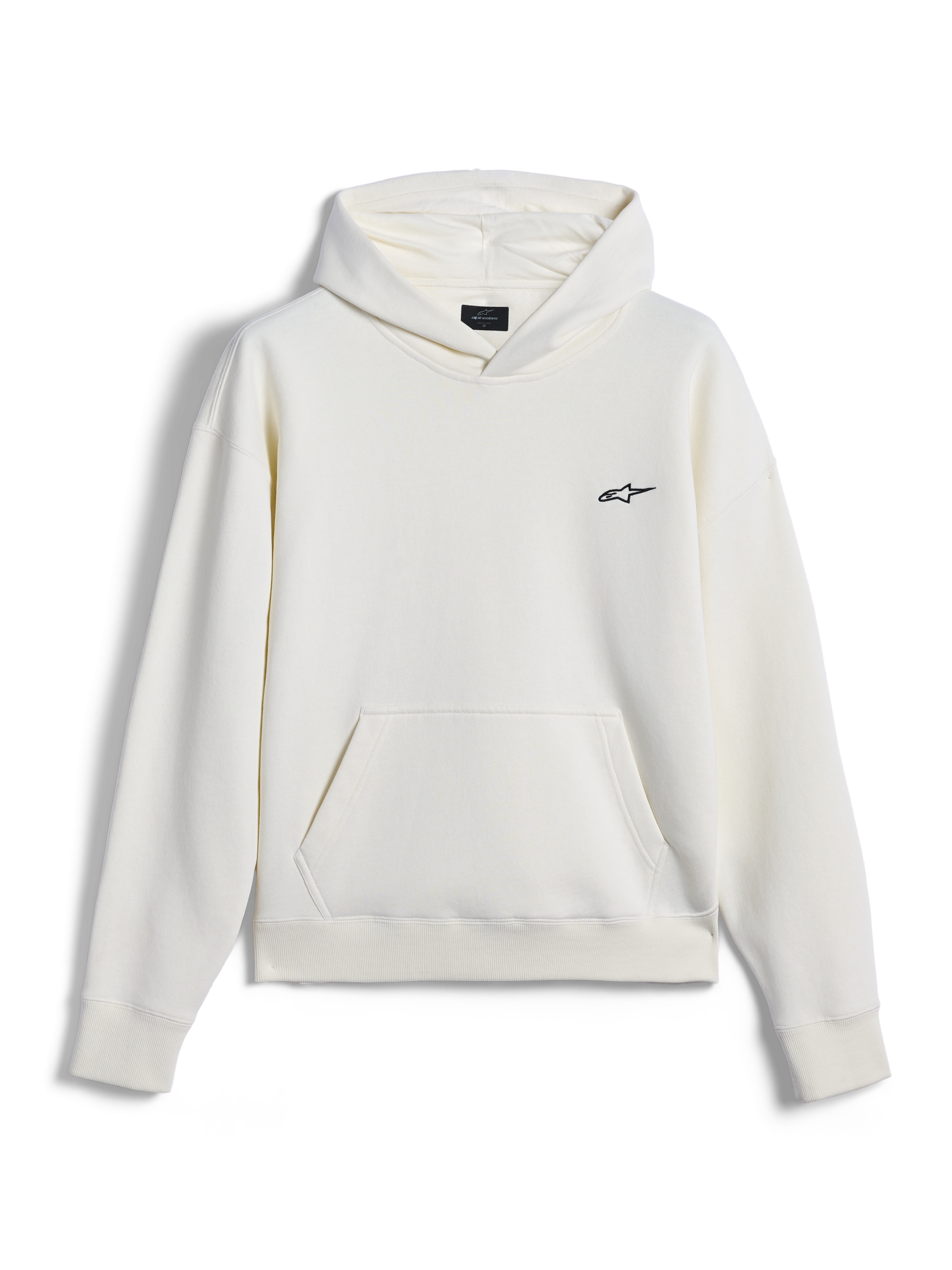 Alpinestars Essentials Ageless Hoodie, streetwear casual, off-white com pequeno logótipo Astar preto no peito, bolso canguru, mangas compridas, design minimalista inspirado no desporto motorizado