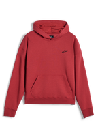 Hoodie Alpinestars Essentials Ageless, sportswear casual, vermelho tijolo, com um pequeno logótipo de estrela Alpinestars a preto no peito, bolso canguru, bainha e punhos canelados, design de streetwear minimalista.