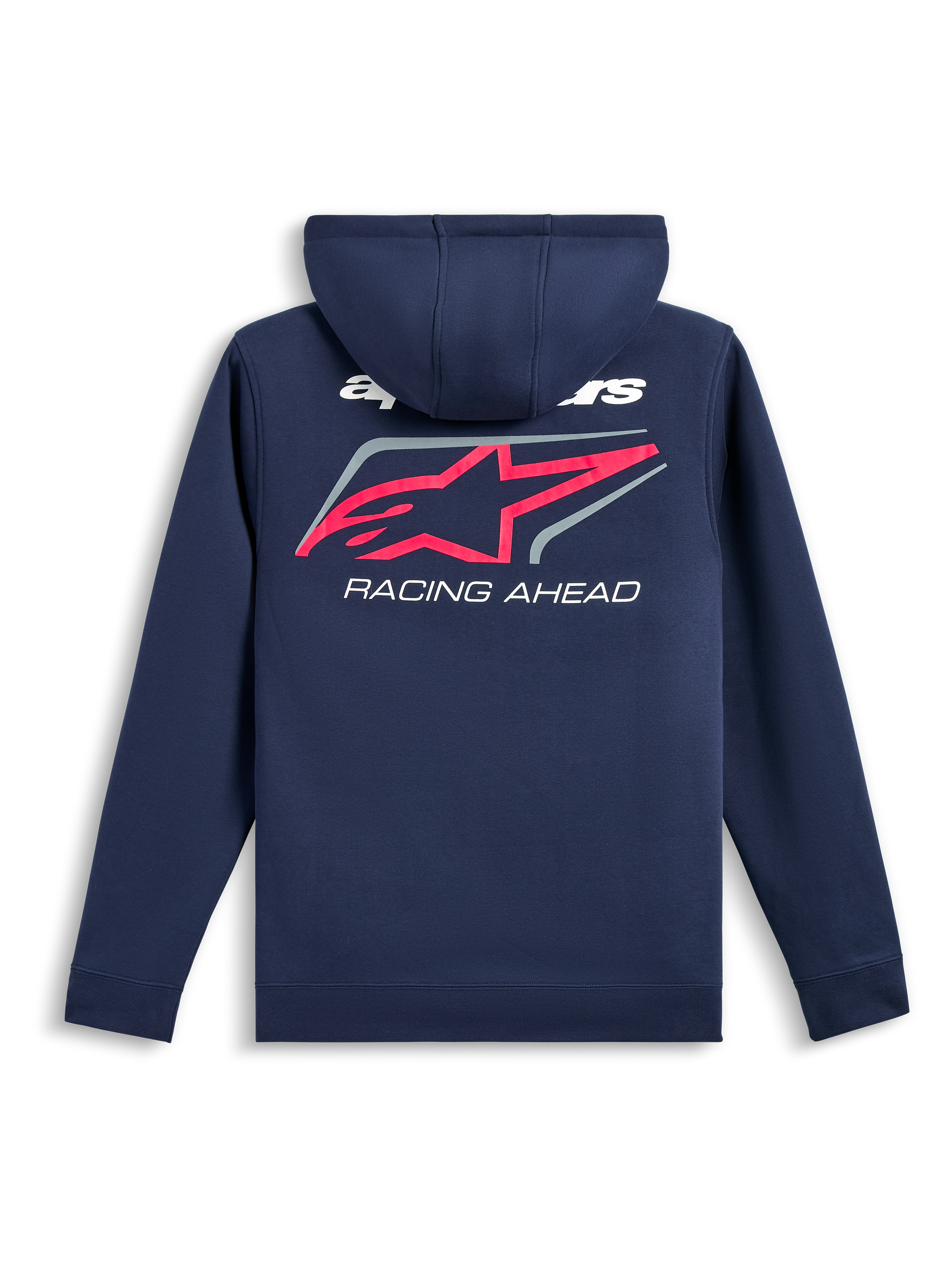 Hoodie Alpinestars Formulation, vista traseira, azul marinho, grande logótipo de estrela Alpinestars cor-de-rosa com rebordo cinzento e texto 'RACING AHEAD' a branco, streetwear casual inspirado no desporto motorizado