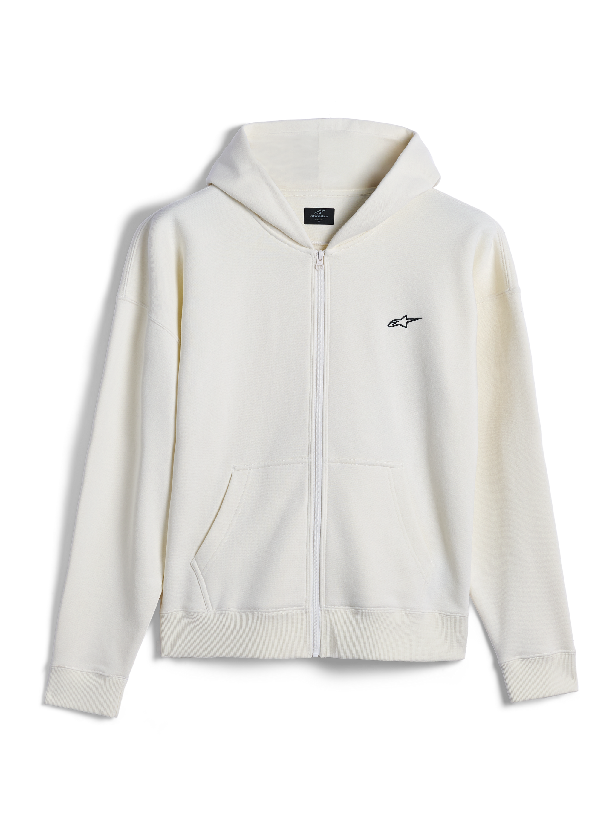 Hoodie Essentials Ageless Com Fecho da Alpinestars, streetwear casual, off-white com um pequeno logótipo Alpinestars preto, fecho frontal completo, bolso canguru dividido, ajuste relaxado, design em fleece compacto premium