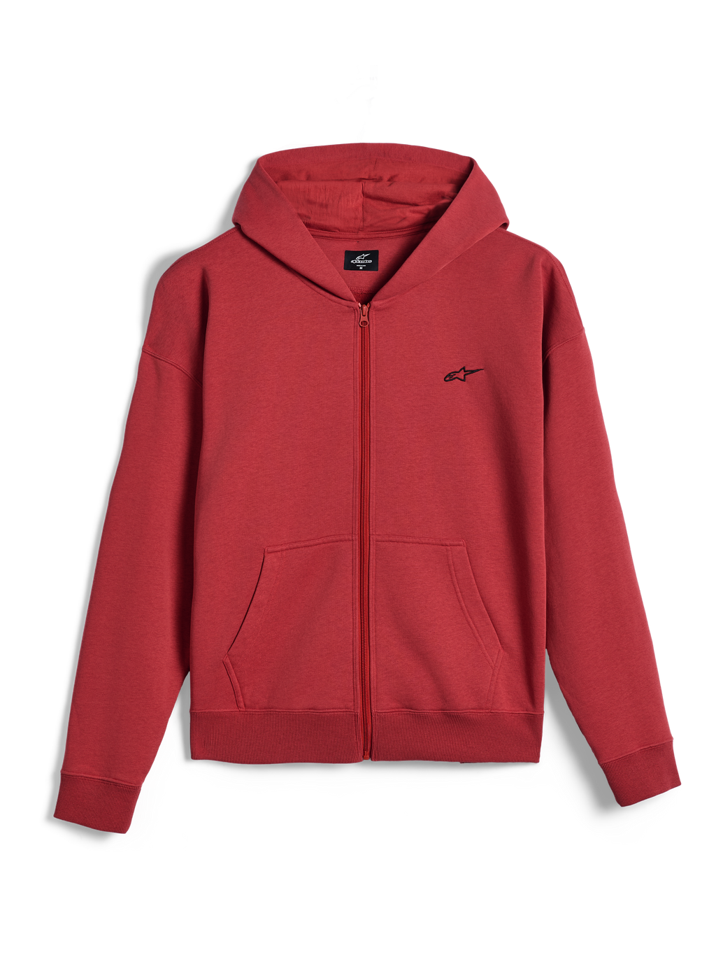 Hoodie Essentials Ageless com Fecho Alpinestars, hoodie com fecho integral, cor tijolo, pequeno logótipo Alpinestars preto no peito, streetwear casual de inspiração motorizada, punhos e bainha canelados