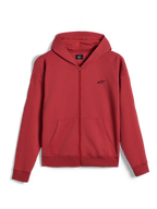 Hoodie Essentials Ageless com Fecho Alpinestars, hoodie com fecho integral, cor tijolo, pequeno logótipo Alpinestars preto no peito, streetwear casual de inspiração motorizada, punhos e bainha canelados