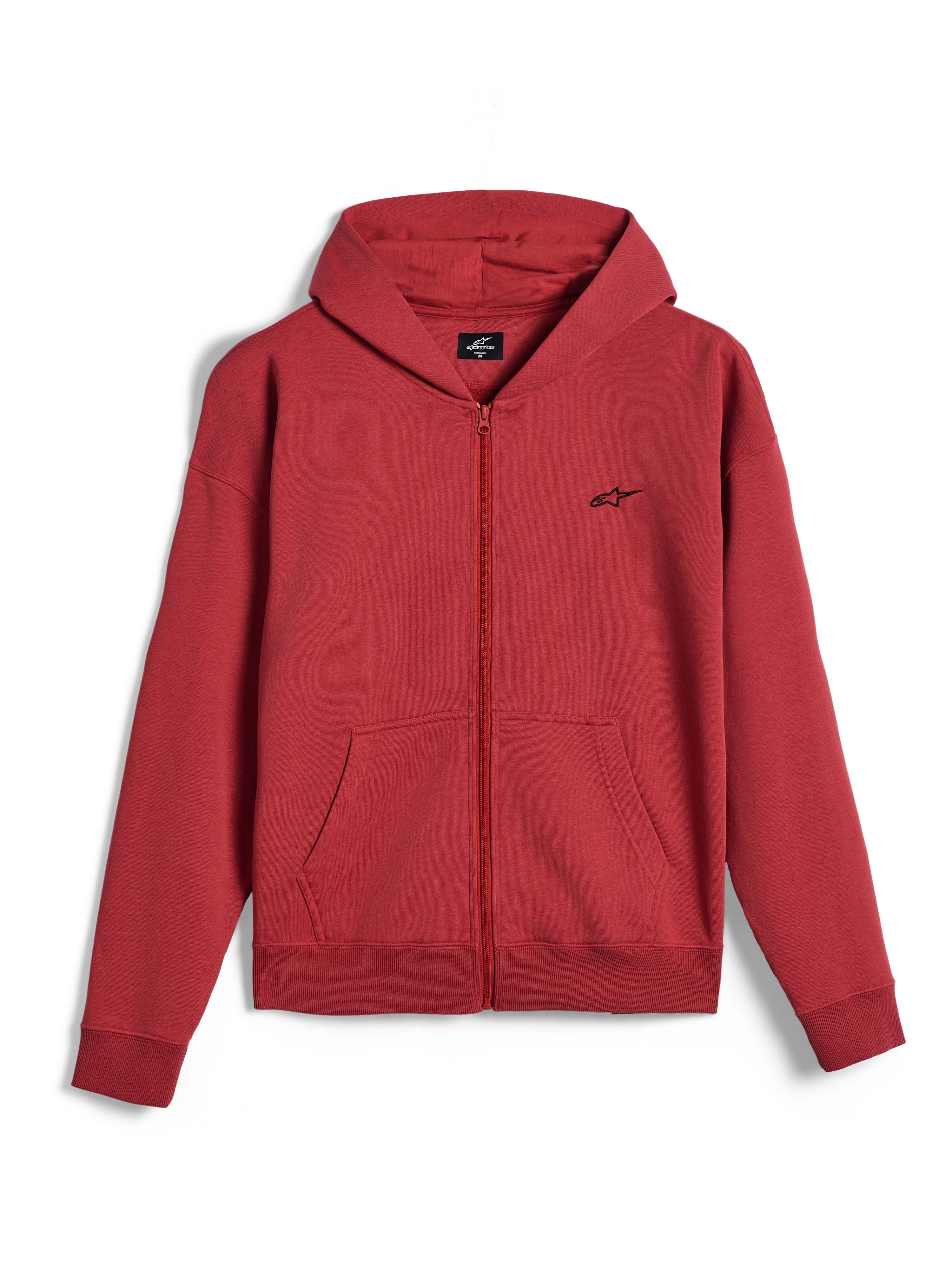 Hoodie Essentials Ageless com Fecho Alpinestars, hoodie com fecho integral, cor tijolo, pequeno logótipo Alpinestars preto no peito, streetwear casual de inspiração motorizada, punhos e bainha canelados