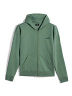 Alpinestars Essentials Ageless Zip Hoodie, casual streetwear, Cactus Green with small black Alpinestars logo, full-zip front, hooded sweatshirt with split kangaroo pockets, ribbed cuffs and hem, motorsport-inspired design