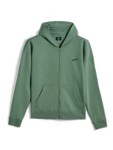 Alpinestars Essentials Ageless Zip Hoodie, streetwear casual, Verde Cactus com pequeno logótipo Alpinestars preto, fecho frontal completo, sweatshirt com capuz e bolsos tipo canguru divididos, punhos e bainha canelados, design inspirado no desporto motorizado