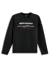 Alpinestars Bettern Crew, sweatshirt de gola redonda preta, logótipo Alpinestars branco com riscas de corrida cinzentas, texto 'Racing Ahead' a vermelho, streetwear casual de desportos motorizados