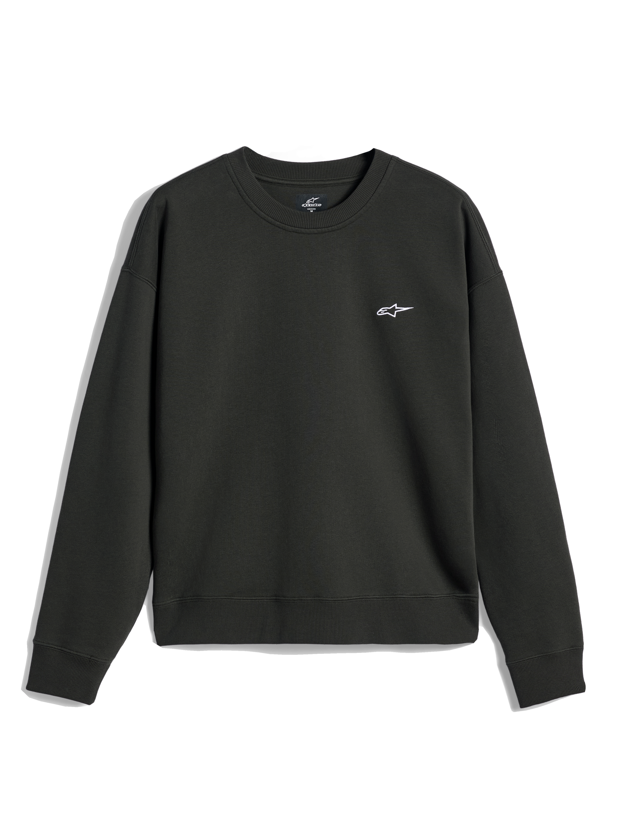 Alpinestars Essentials Ageless Crew, sweatshirt de gola redonda, Off Black, pequeno logótipo A-star branco no peito, gola, punhos e bainha canelados, streetwear casual em fleece premium