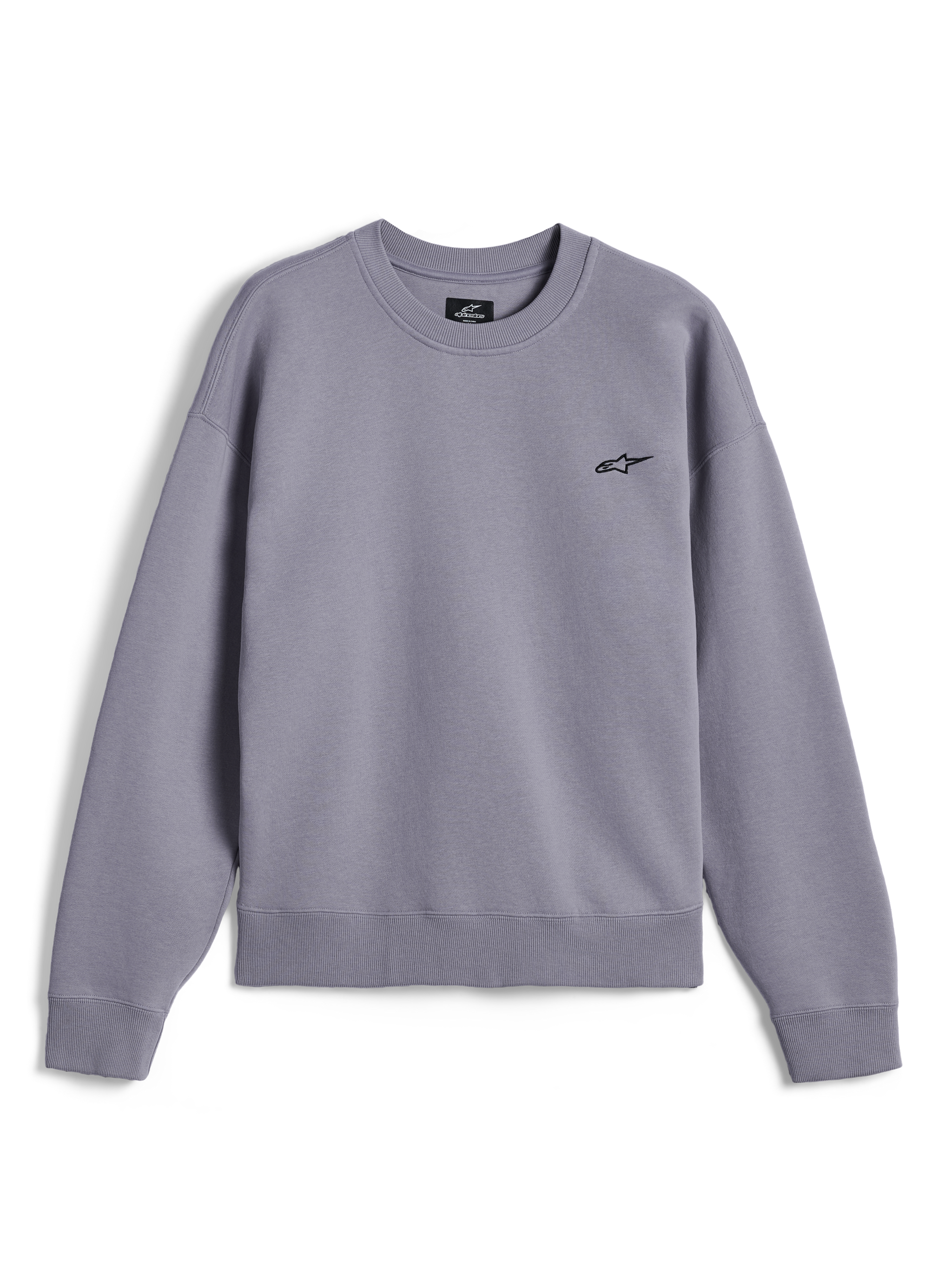 Alpinestars Essentials Ageless Crew, sweatshirt premium de gola redonda, prateada, com um pequeno logótipo Astar preto no peito, gola, punhos e bainha canelados, streetwear casual inspirado no desporto motorizado